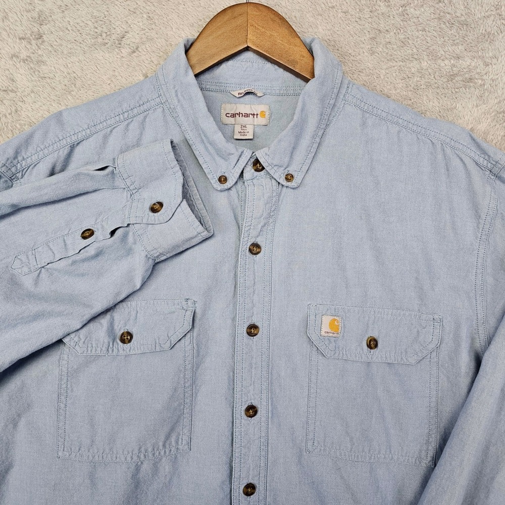 Carhartt Chambray Work Shirt Men's 2XLT Relaxed Fit Light Blue Button Down